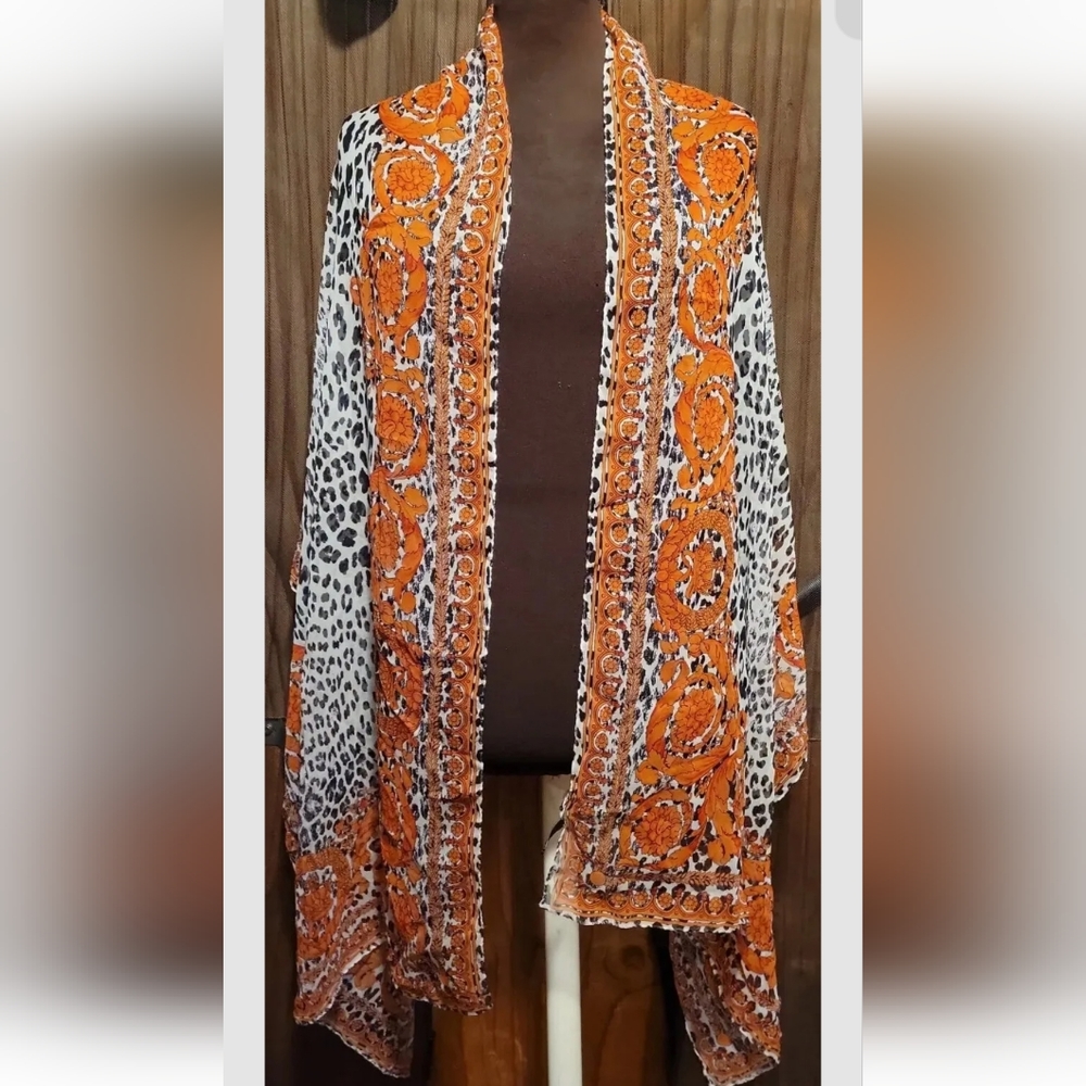 VERSACE 27"×78" Vintage Orange Barocco CROWN Black Leppard Spots Silk Scarf